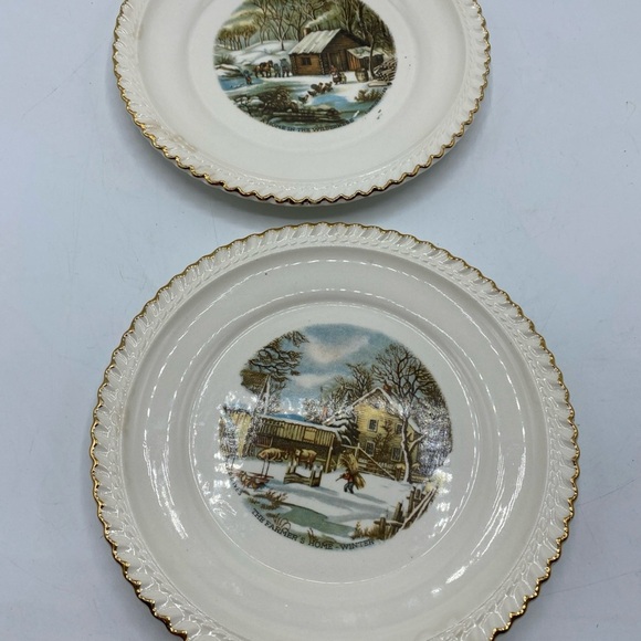 2 Vintage HARKERWARE USA Dessert Plates Currier Ives The Farmer Home Winter Wild - Picture 4 of 6